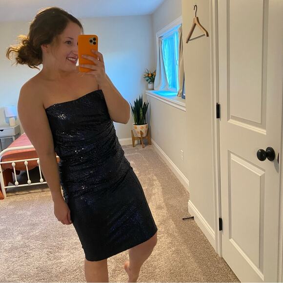 NWT Monique Lhuillier Collection Navy Blue Sequin Strapless Mini Dress 4 - Picture 4 of 12